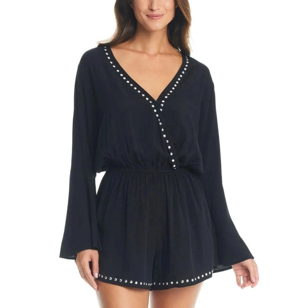 Bar III Black Studded Romper V-Neck Long Sleeve Cinched‎ Waist Medium (#78)
